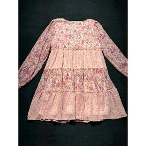 Ksnedjk Tiered Ruffle Floral Long Sleeve Mini Dress Womens L Pink Purple